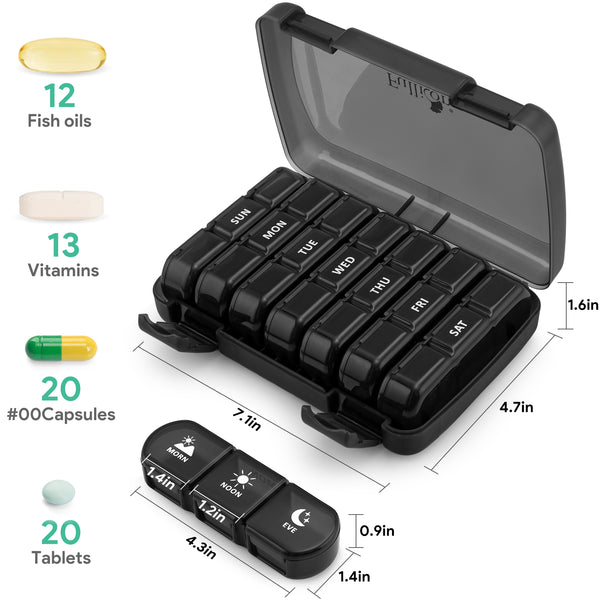  Travel Pill Organizer Large Portable Medication Fullicon  Oversize 8 Compartment Pill Box, Vitamin Travel Case Pill Holder - Airtight  & Moistureproof (Black) : Health & Household