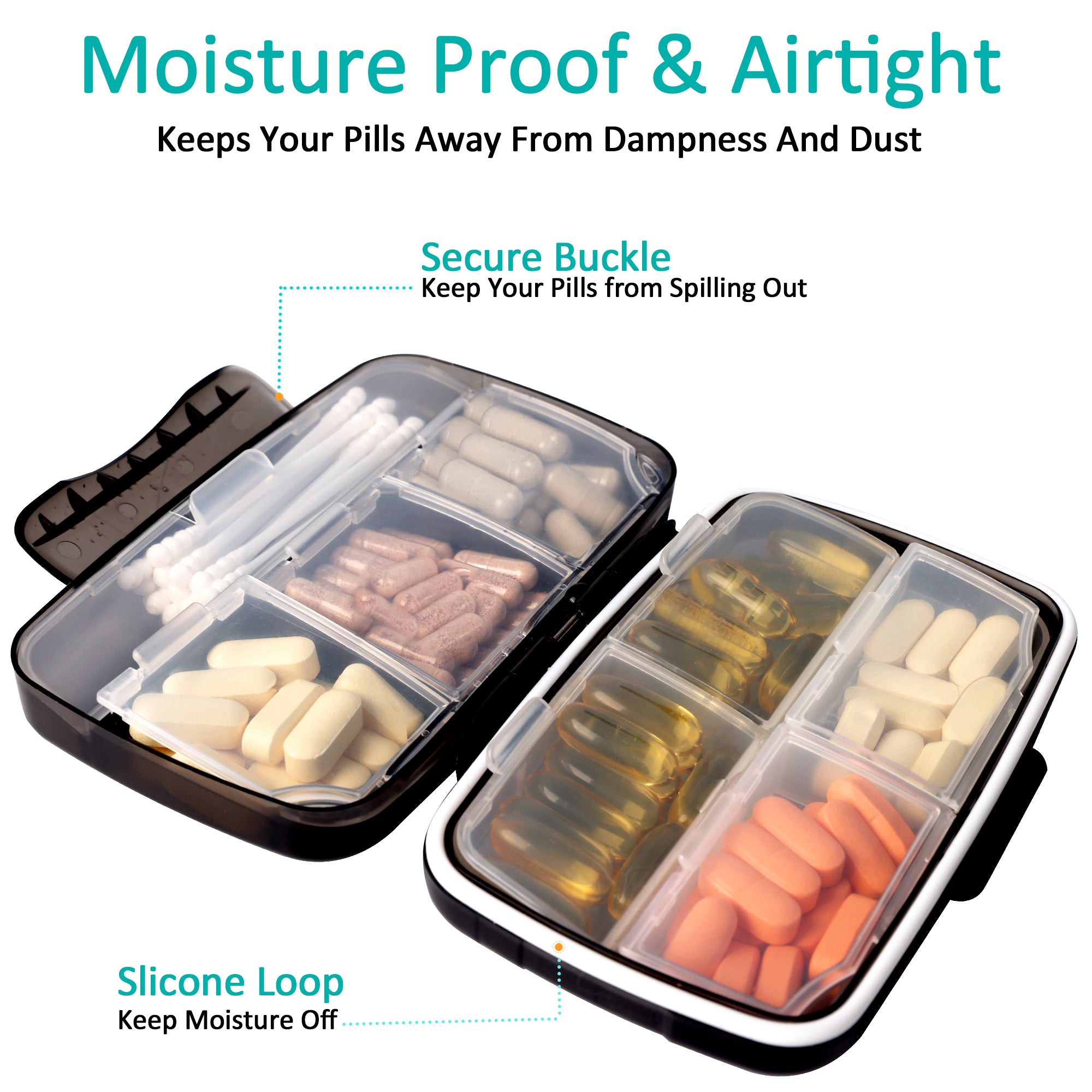  Travel Pill Organizer Large Portable Medication Fullicon  Oversize 8 Compartment Pill Box, Vitamin Travel Case Pill Holder - Airtight  & Moistureproof (Black) : Health & Household